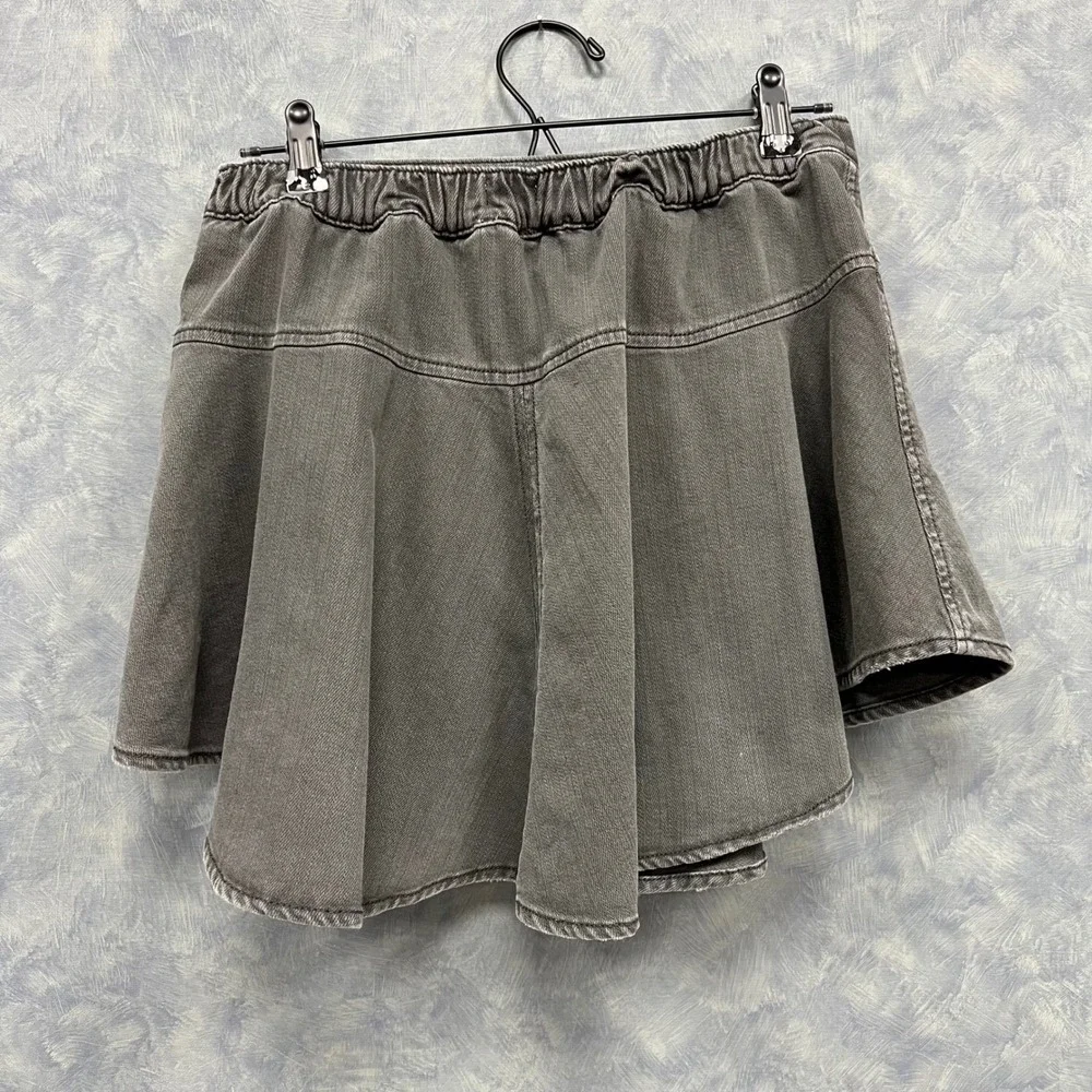 Aerie Denim Skirt Ruffle Hem Gray Mini Skater Elastic Waist Casual S - Picture 2 of 8